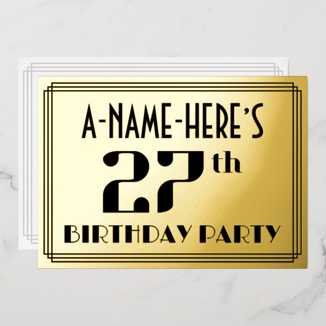 27th Birthday Party: Art Deco Look “27” and Name (Front/Back)