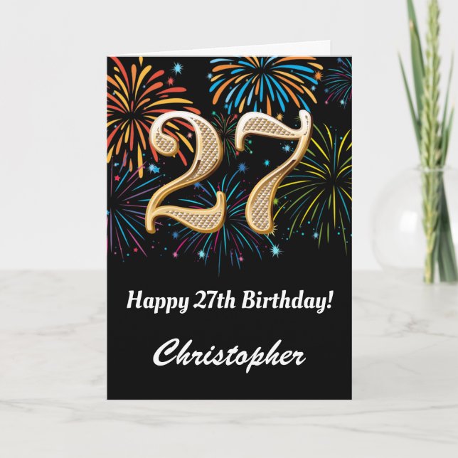 27th Birthday Rainbow Fireworks Black and Gold Card (Front)