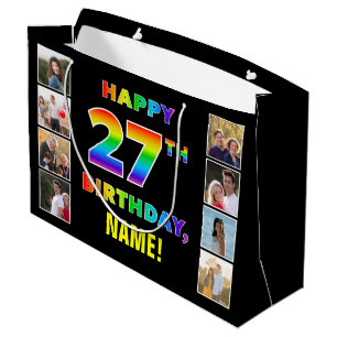 27th Birthday: Rainbow Text, Custom Photos & Name Large Gift Bag