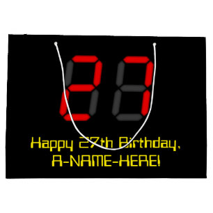 27th Birthday: Red Digital Clock Style "27" + Name Large Gift Bag