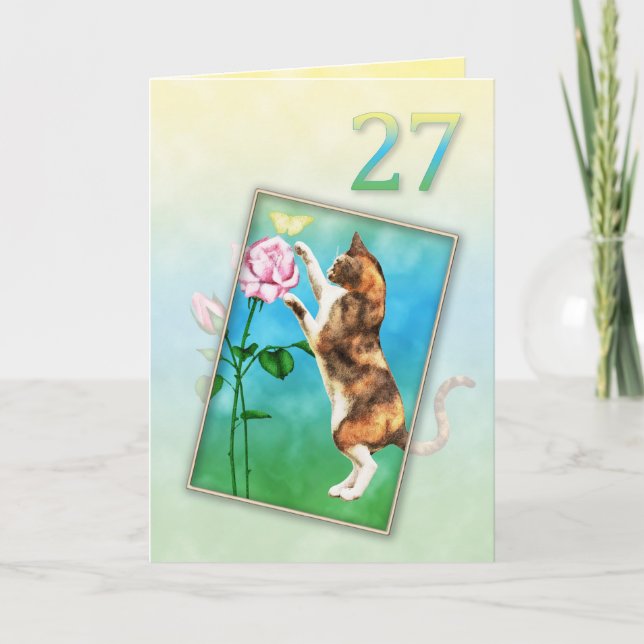 27th Birthday with a playful cat Card (Front)