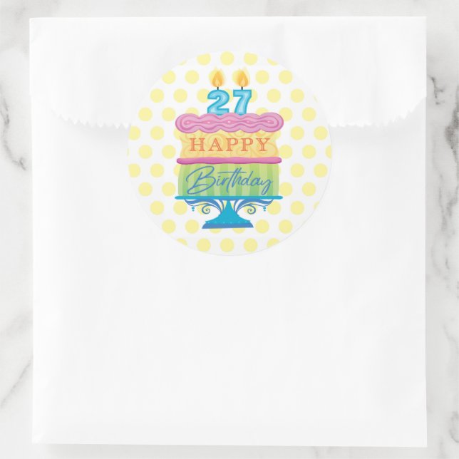 27th Happy Birthday Cake Yellow Dots Classic Round Sticker (Bag)