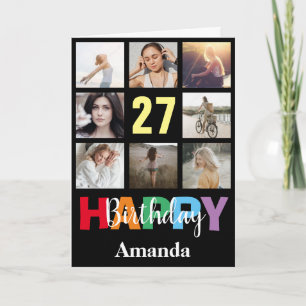 27th Happy Birthday Photo Collage Modern Black Card