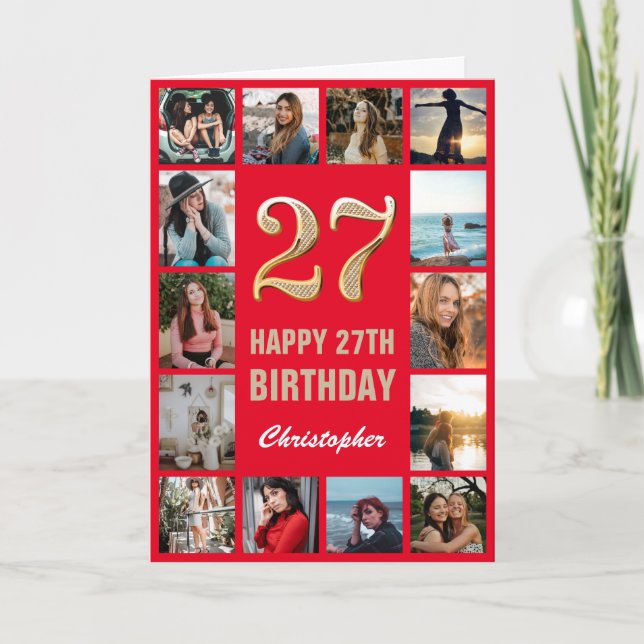 27th Happy Birthday Red and Gold Photo Collage Card (Front)