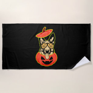 28 German Shepherd In Scary Pumpkin Shirt Funny Cu Beach Towel