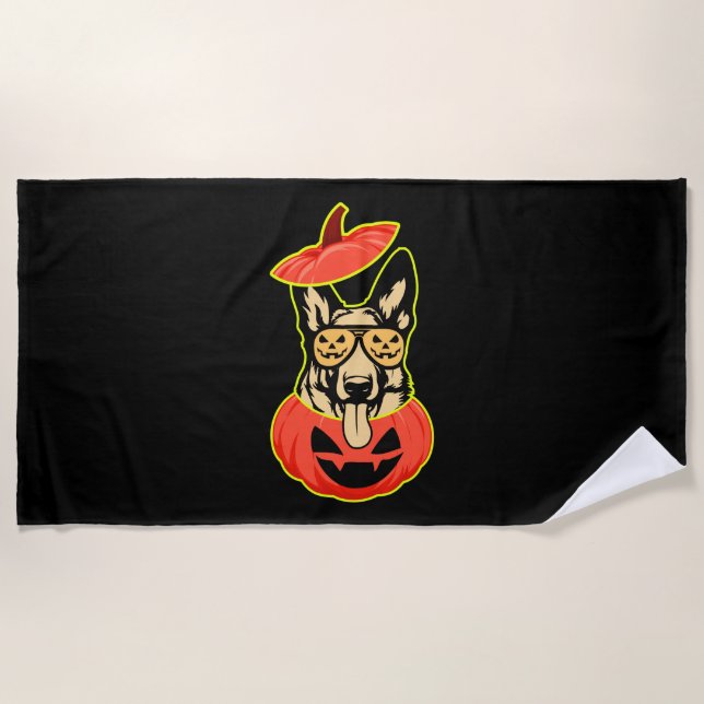 28 German Shepherd In Scary Pumpkin Shirt Funny Cu Beach Towel (Front)
