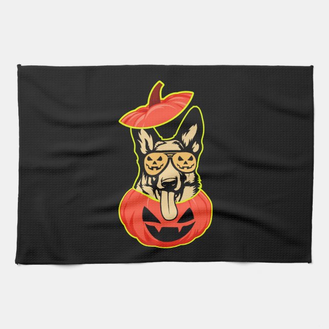 28 German Shepherd In Scary Pumpkin Shirt Funny Cu Tea Towel (Horizontal)