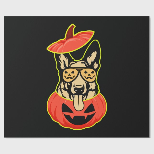 28 German Shepherd In Scary Pumpkin Shirt Funny Cu Wrapping Paper (Flat)