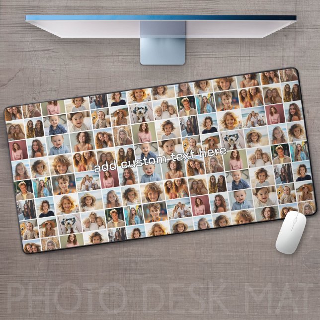 28 Photo Collage All Over Pattern - Script Text  Desk Mat (Custom Photo Desk Mat - Add your pics and make a great gaming or home office desk pad!)