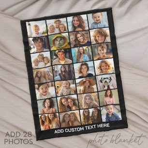 28 Photo Collage - Custom Text - Black and White Fleece Blanket
