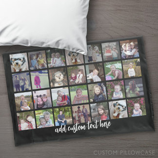 28 Photo Collage Grid - 1 Text box - black white Pillowcase