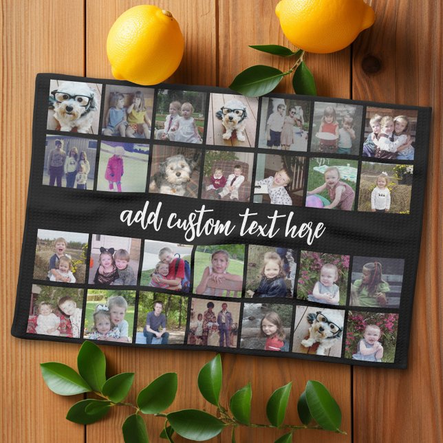 28 Photo Collage Grid - 1 Text box - black white Tea Towel (Personalized kitchen towel with photo collage)