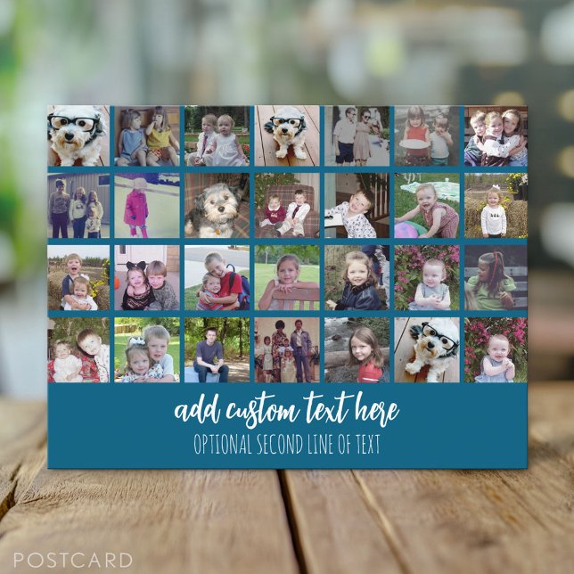 28 Photo Collage Grid - 2 Text boxes - blue white Postcard (Custom Photo Postcard)
