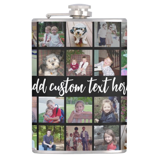 28 Photo Collage Grid - Script Text - black white Hip Flask (Front)