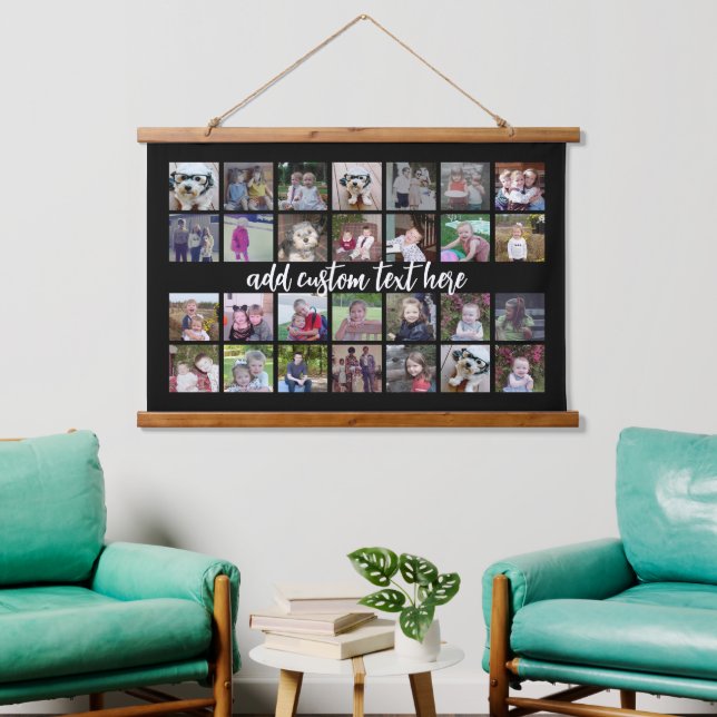 28 Photo Collage Montage and Text - Can Edit Black Hanging Tapestry (Living Room)