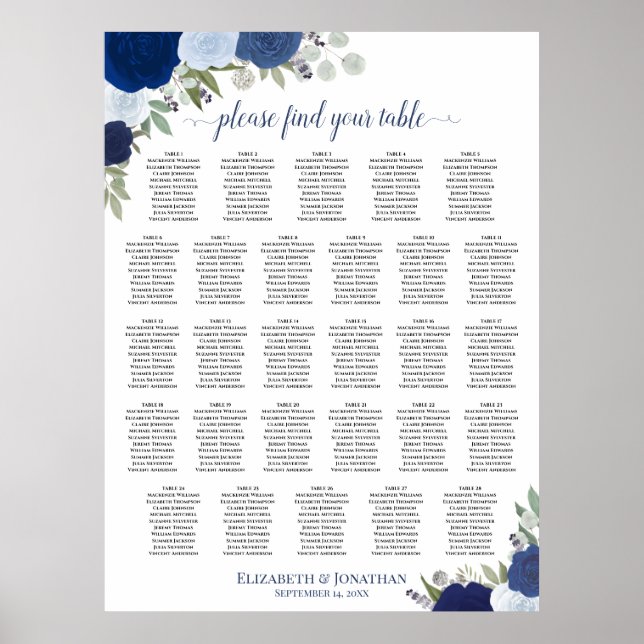 28 Table Blue Boho Floral Wedding Seating Chart (Front)
