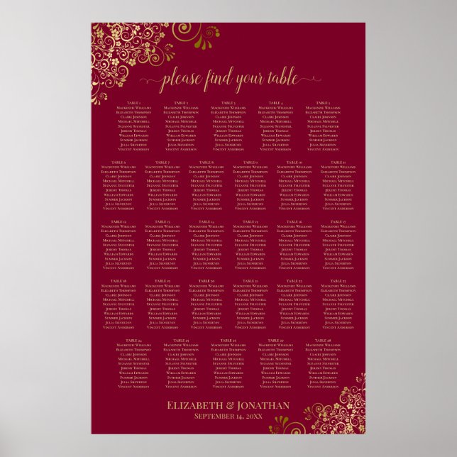 28 Table Burgundy with Gold Accents Seating Chart  (Front)