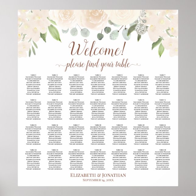 28 Table Champagne Blush Boho Floral Seating Chart (Front)