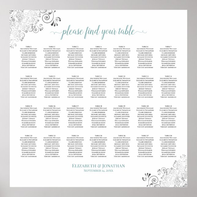 28 Table Frilly Wedding Seating Chart White Teal (Front)