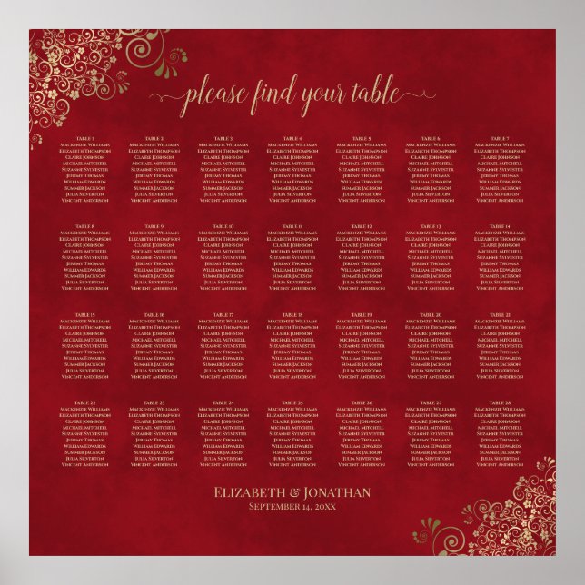 28 Table Gold Frills on Red Wedding Seating Chart (Front)