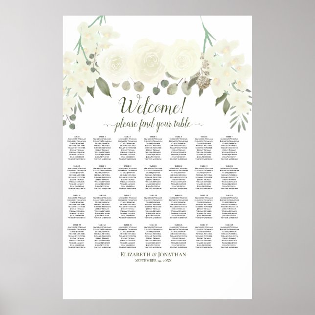 28 Table Ivory White Roses Wedding Seating Chart (Front)