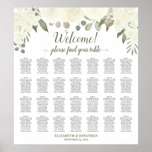 28 Table Ivory White Roses Wedding Seating Chart