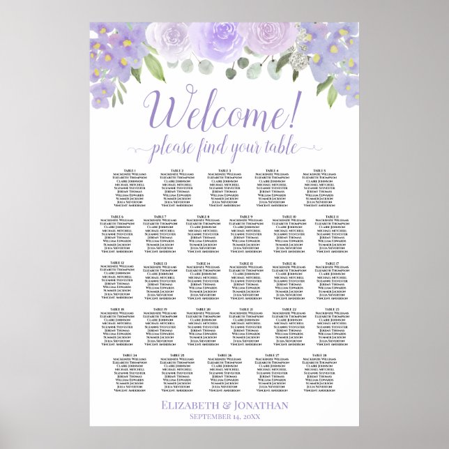 28 Table Lavender Floral Wedding Seating Chart (Front)