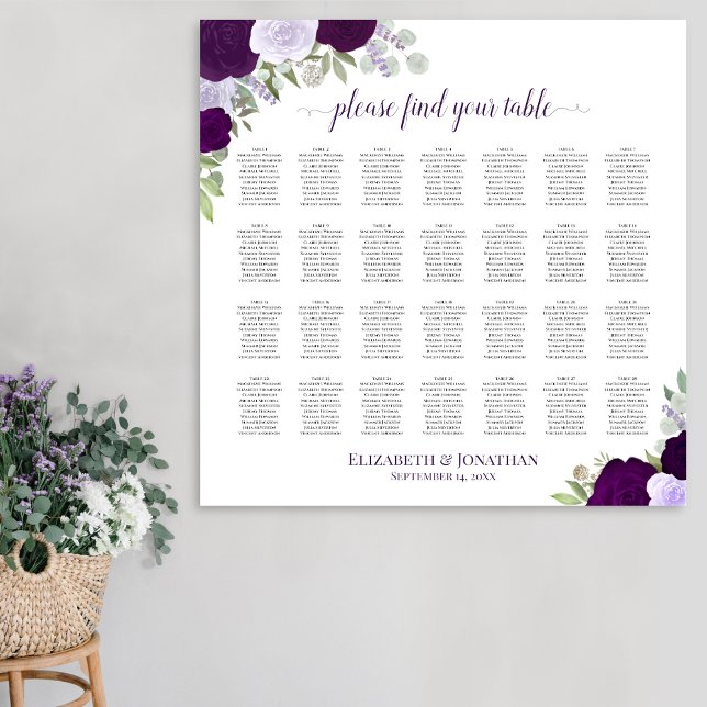 28 Table Purple Boho Floral Wedding Seating Chart (In Situ on Wall)