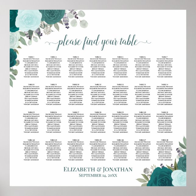 28 Table Teal Boho Floral Wedding Seating Chart (Front)