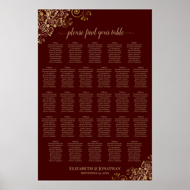 28 Table Wedding Seating Chart Auburn Brown & Gold (Front)