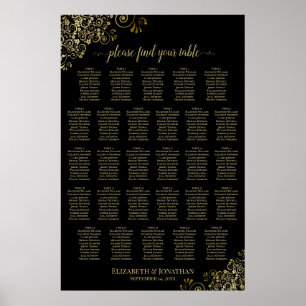28 Table Wedding Seating Chart Black & Gold Frills