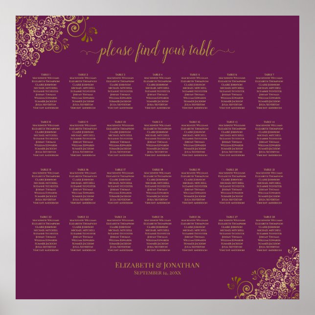 28 Table Wedding Seating Chart Cassis Purple Gold (Front)