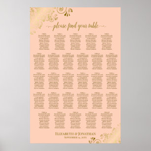 28 Table Wedding Seating Chart Coral Peach & Gold