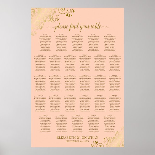 28 Table Wedding Seating Chart Coral Peach & Gold (Front)