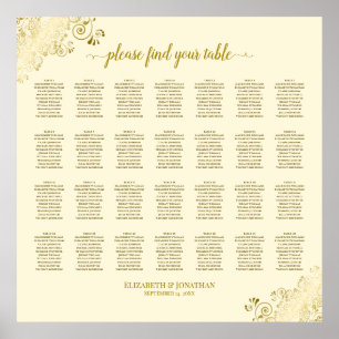 28 Table Wedding Seating Chart Cream & Gold Frills