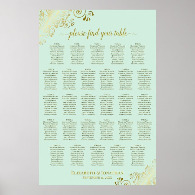 28 Table Wedding Seating Chart Mint Green & Gold (Front)