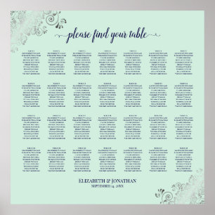 28 Table Wedding Seating Chart Mint Green & Navy