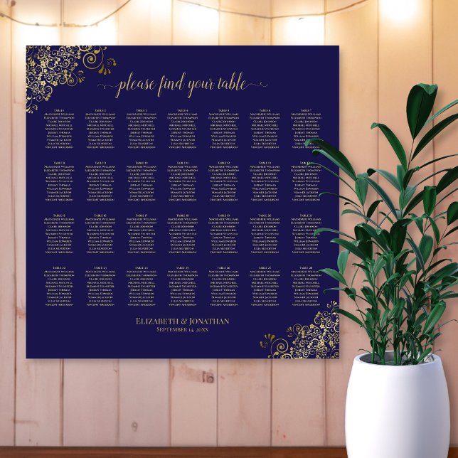 28 Table Wedding Seating Chart Navy Blue Lacy Gold (On Wall)