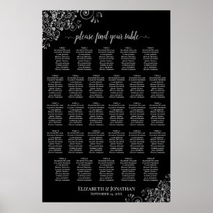 28 Table Wedding Seating Chart Silver Frills Black