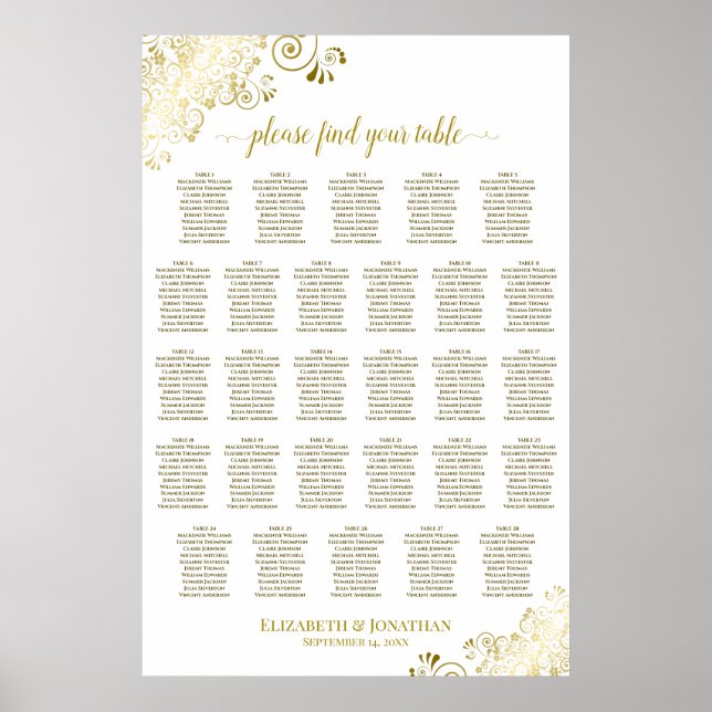 28 Table Wedding Seating Chart White & Gold Frills (Front)