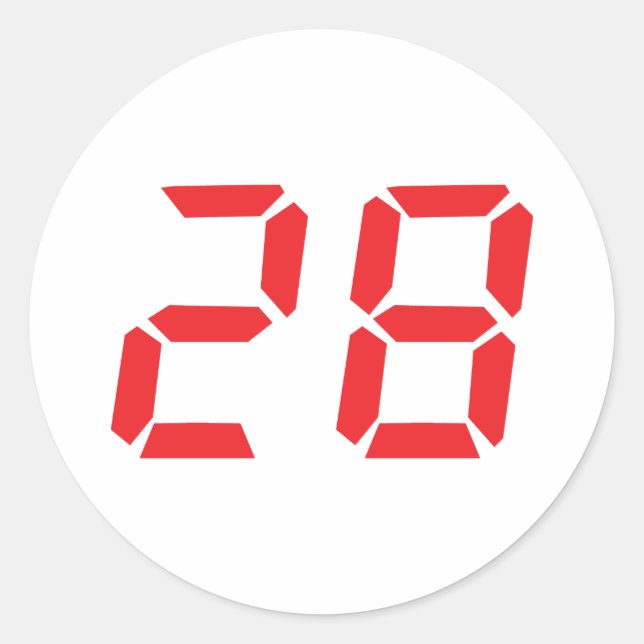 28 twenty-eight red alarm clock digital number classic round sticker (Front)