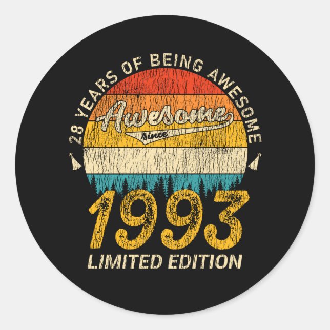 28 Year Old Bday 1993 Awesome Since 28th Birthday Classic Round Sticker (Front)