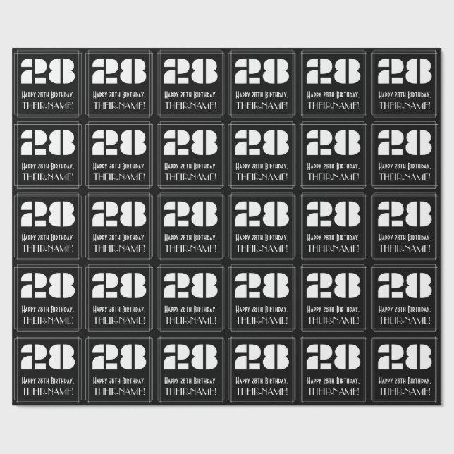 28th Birthday: Art Deco Inspired Look "28" & Name Wrapping Paper (Flat)
