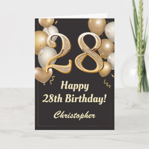 28th Birthday Black and Gold Balloons Confetti Card