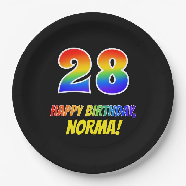 28th Birthday: Bold, Fun, Simple, Rainbow 28 Paper Plate (Front)