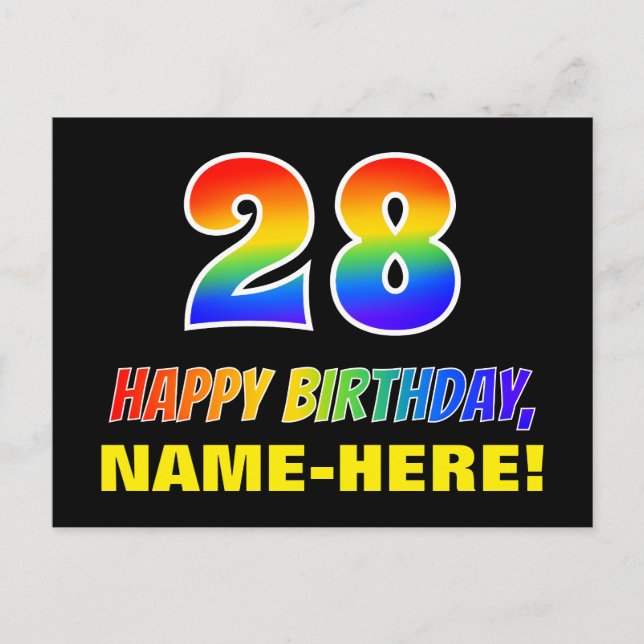 28th Birthday: Bold, Fun, Simple, Rainbow 28 Postcard (Front)