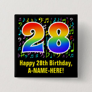 28th Birthday: Colorful Music Symbols, Rainbow 28 15 Cm Square Badge