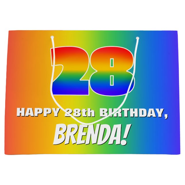 28th Birthday: Colourful, Fun Rainbow Pattern # 28 Large Gift Bag (Front)