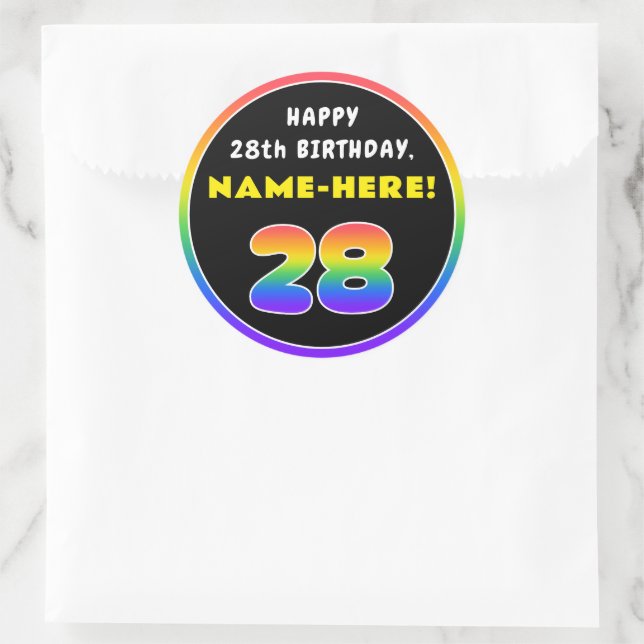 28th Birthday: Colourful Rainbow # 28, Custom Name Classic Round Sticker (Bag)