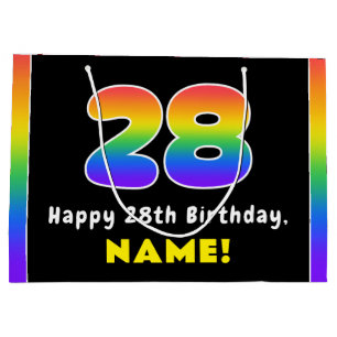 28th Birthday: Colourful Rainbow # 28, Custom Name Large Gift Bag